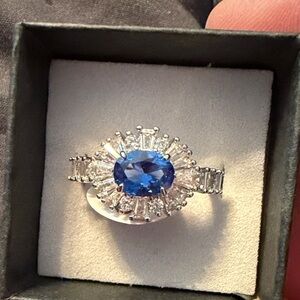 Blue Sapphire Halo Cocktail Ring in Silver